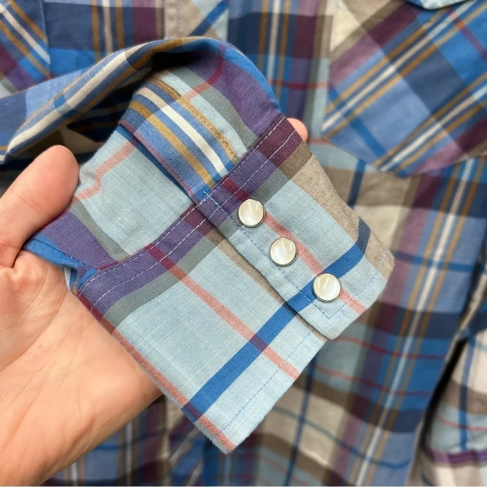 Vintage Wrangler Plaid Button Down Shirt Pearl Snap Western Size XL